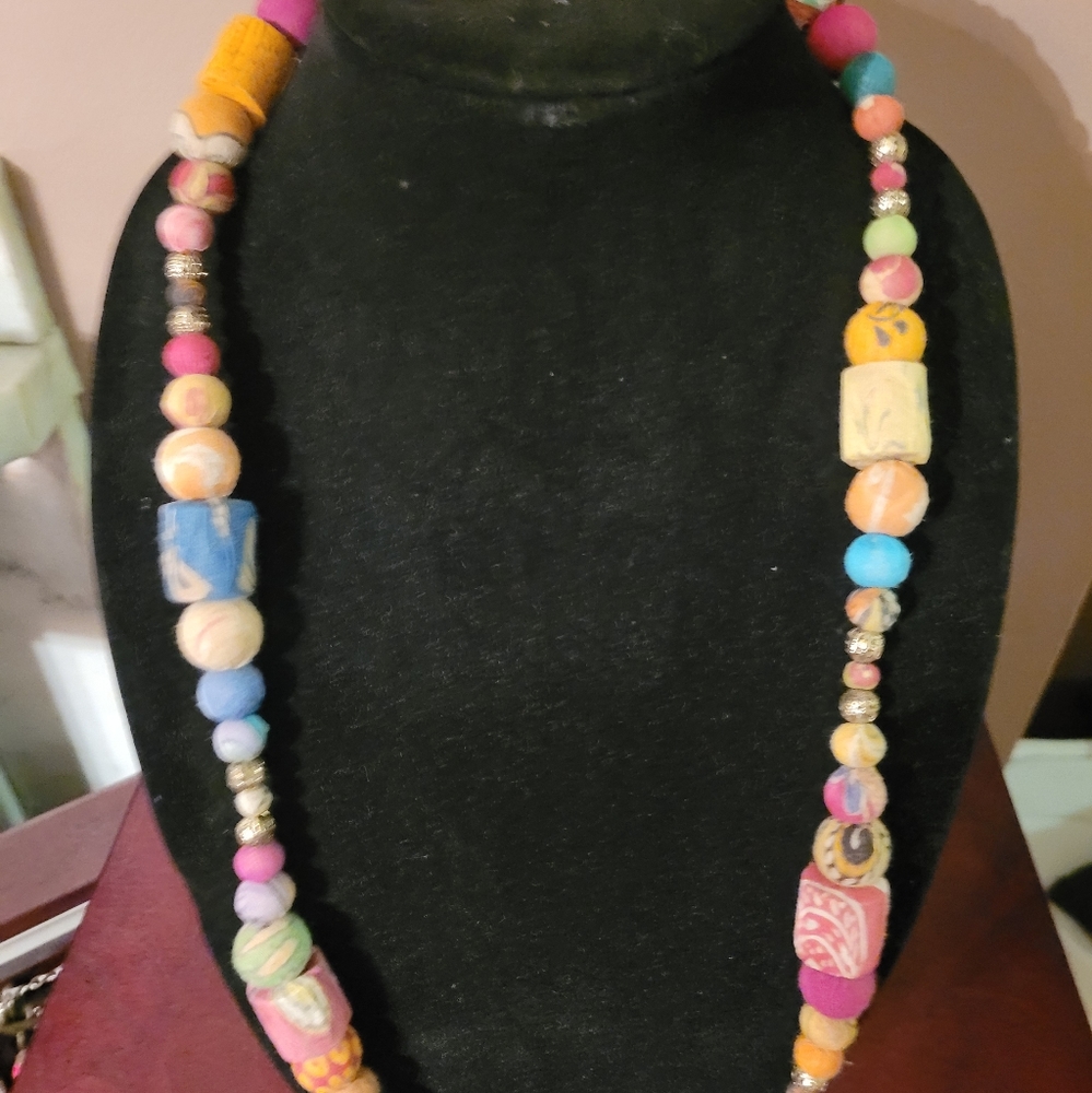 Multicolor Fabric Bead 32+ in. Necklace & 1 in. Hoop Earring Set